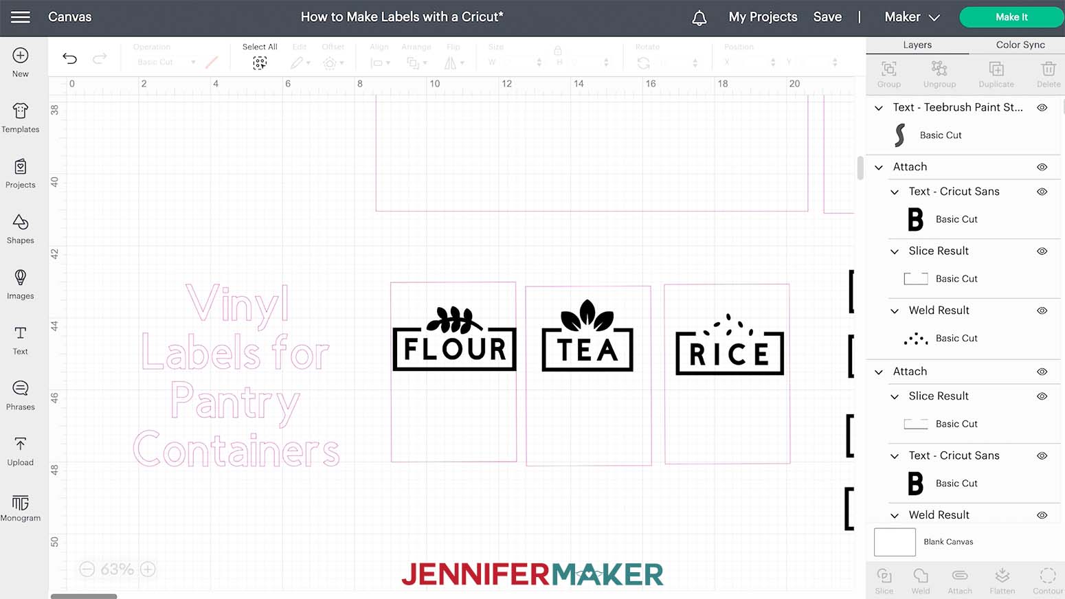 In Cricut Design Space, free JenniferMaker pantry container label designs for vinyl Cricut labels.