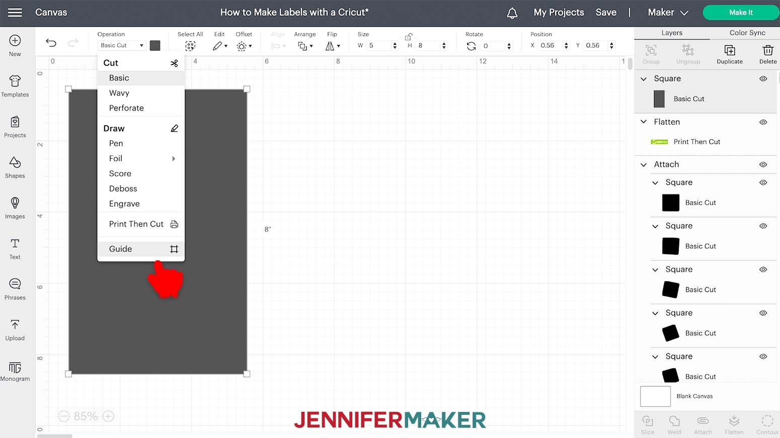 In Cricut Design Space, click the Operation drop-down and select Guide to change the shape into a template.