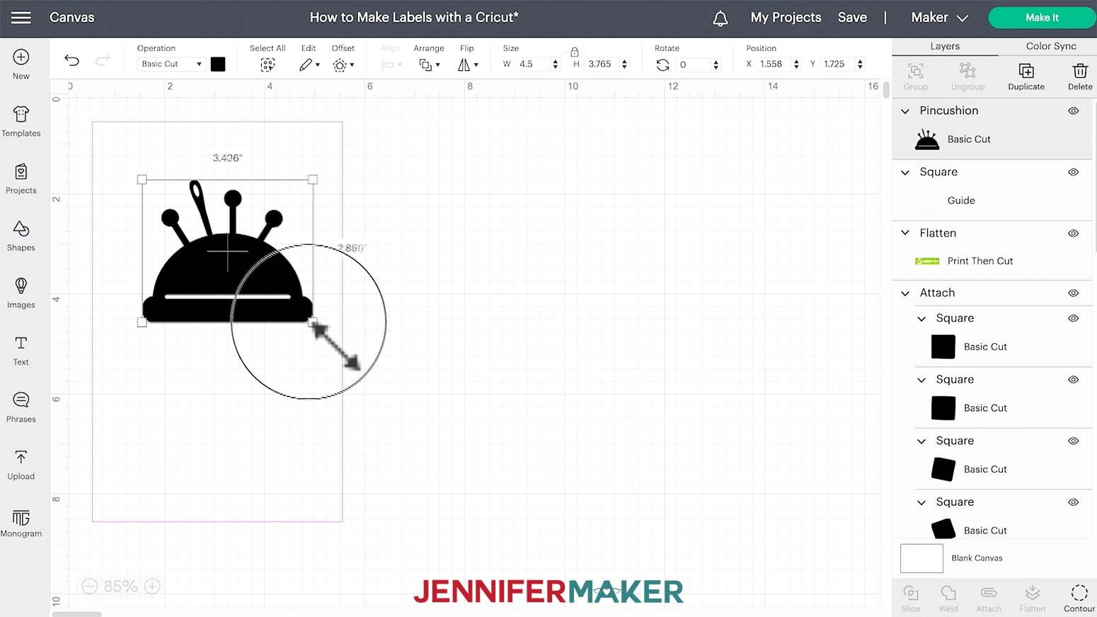 Click and drag the a corner of the icon's bounding box to resize it to fit Cricut labels template.