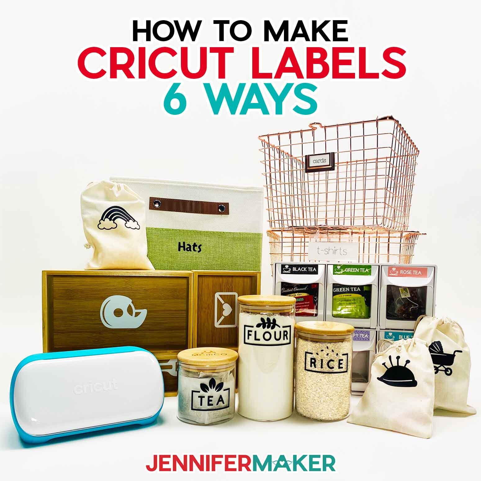 Collection of storage bins and containers with custom Cricut labels by JenniferMaker.