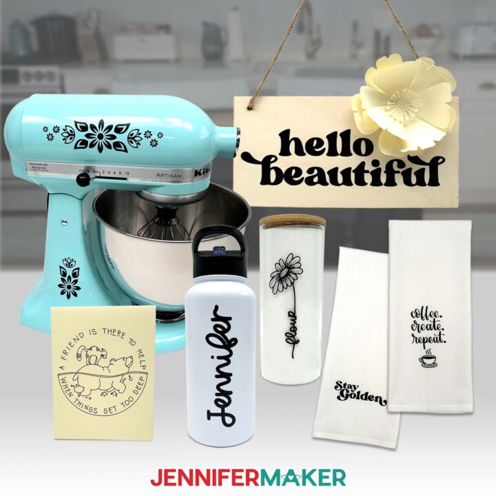 Kitchen items decorated with Cricut vinyl.
