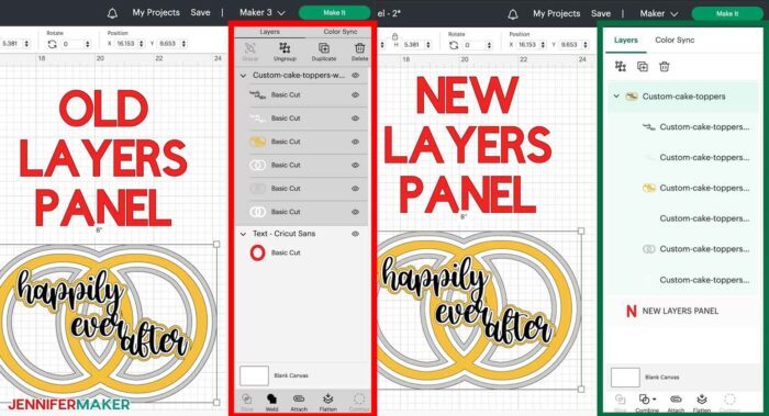 Old and New Layers Panels in Cricut Design Space