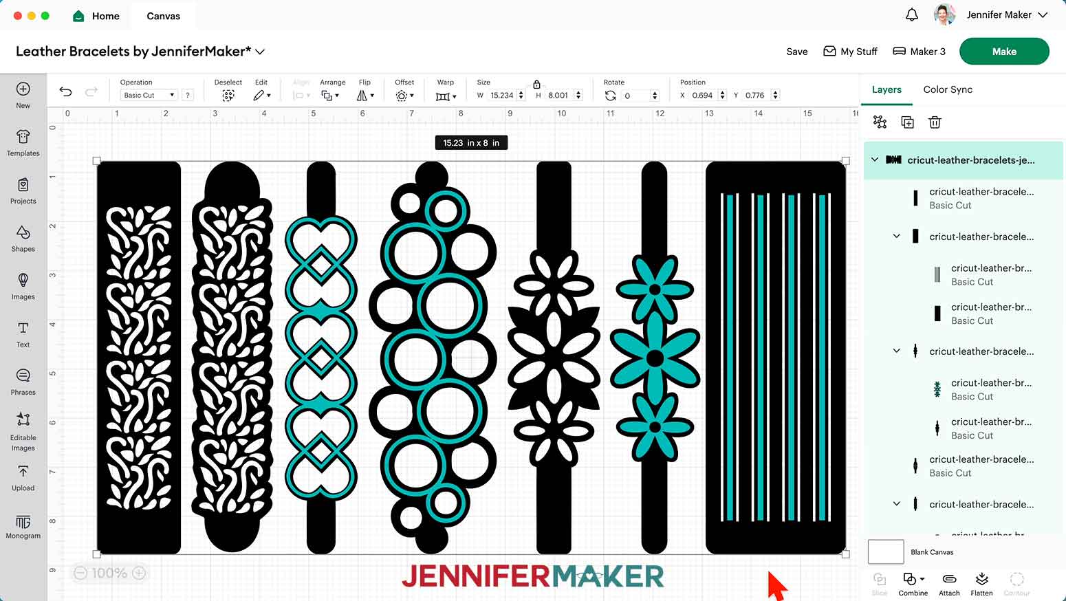 Faux leather bracelet SVG designs on Design Space canvas.