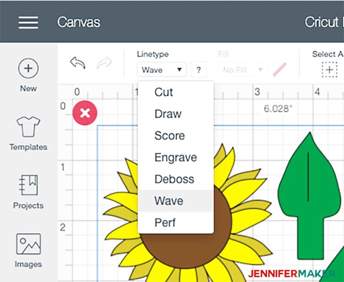 Changing the Linetype menu from Cut to Wave to make felt flowers with the Cricut wavy blade