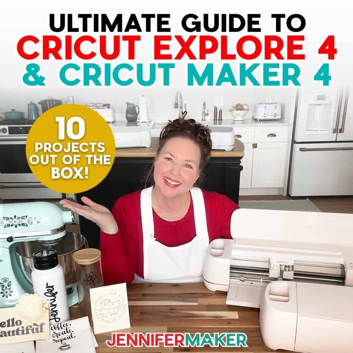 Ultimate Guide to Cricut Maker 4 & Cricut Explore 4! Jennifer Maker at her craft table among the new Cricut machines and 10 projects you can make with the bonus materials in the box!