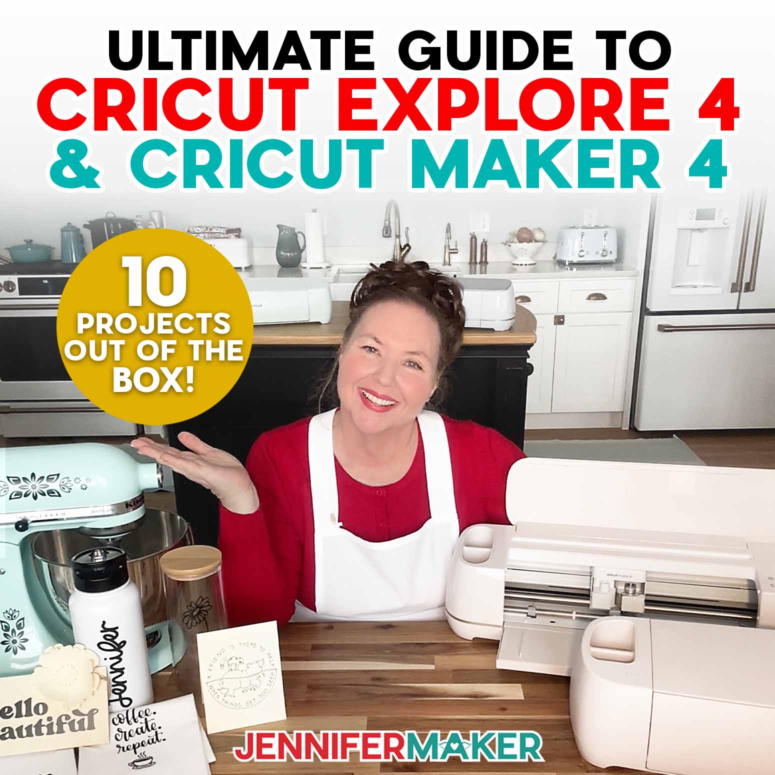 Ultimate Guide to Cricut Maker 4 & Cricut Explore 4! Jennifer Maker at her craft table among the new Cricut machines and 10 projects you can make with the bonus materials in the box!