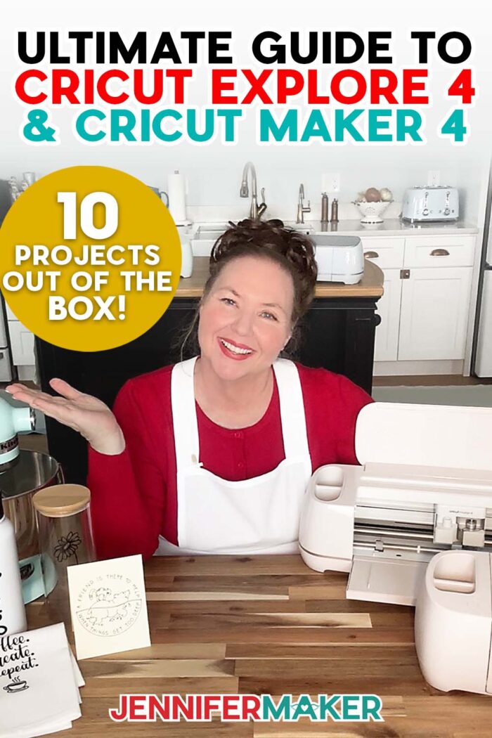 Use the free SVG files to make projects with the Cricut Maker 4 & Cricut Explore 4! Ultimate Guide to Cricut Maker 4 & Cricut Explore 4! Jennifer Maker at her craft table among the new Cricut machines and 10 projects you can make with the bonus materials in the box!