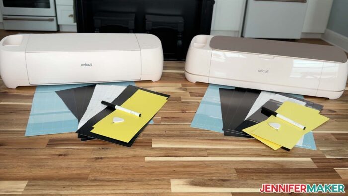 Cricut Maker 4 and Cricut Explore 4 with their included materials and tools.