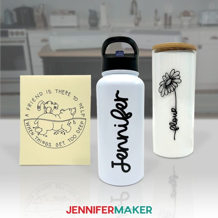 A card, a water bottle, and a glass decorated with the bonus materials included with the new Cricut Maker 4 & Cricut Explore 4!