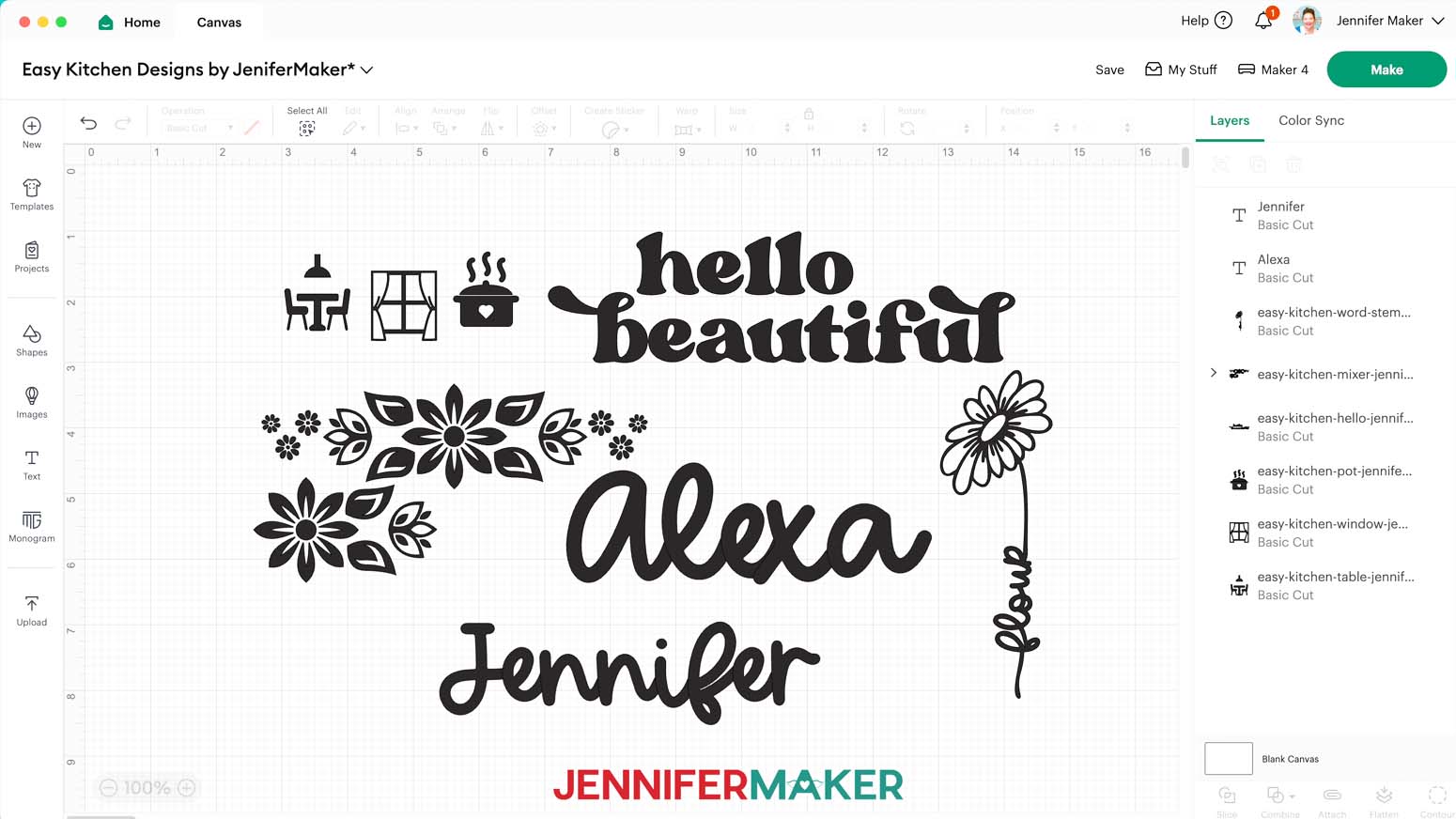 JenniferMaker easy kitchen adhesive vinyl designs on the Cricut Design Space canvas.