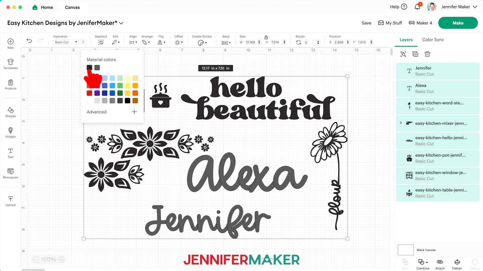 Use the color box in Cricut Design Space to change the color of your adhesive vinyl designs so they all cut on one mat.