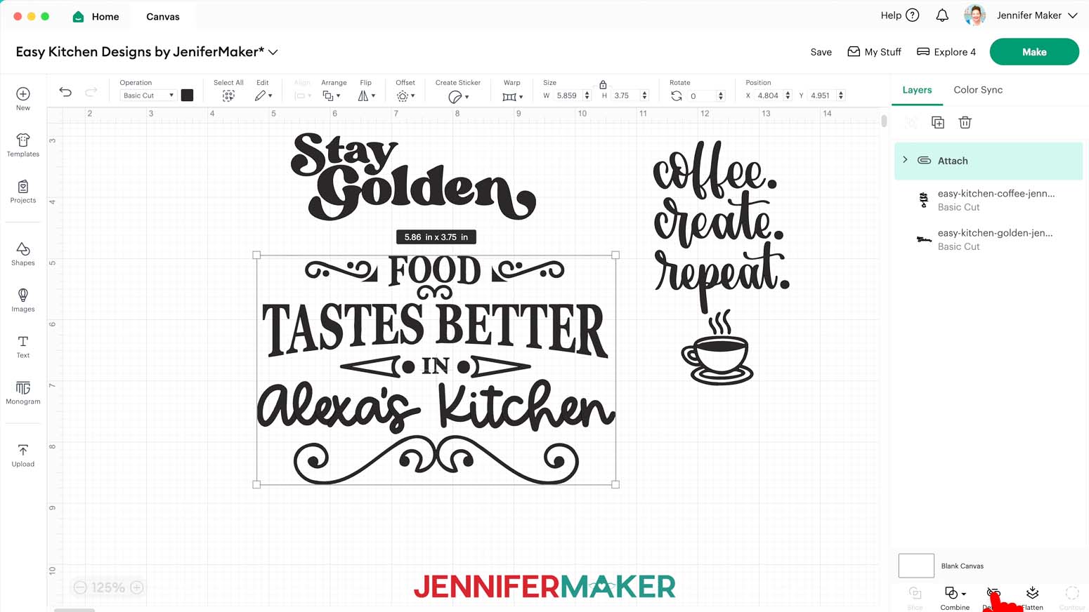 Attach the customized "food tastes better in Alexa's kitchen" HTV design in Cricut Design Space.