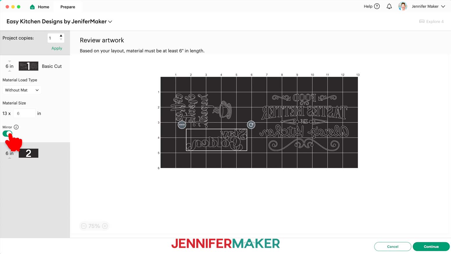 The Prepare screen in Cricut Design Space, with the "Mirror" option being toggled on for HTV designs.