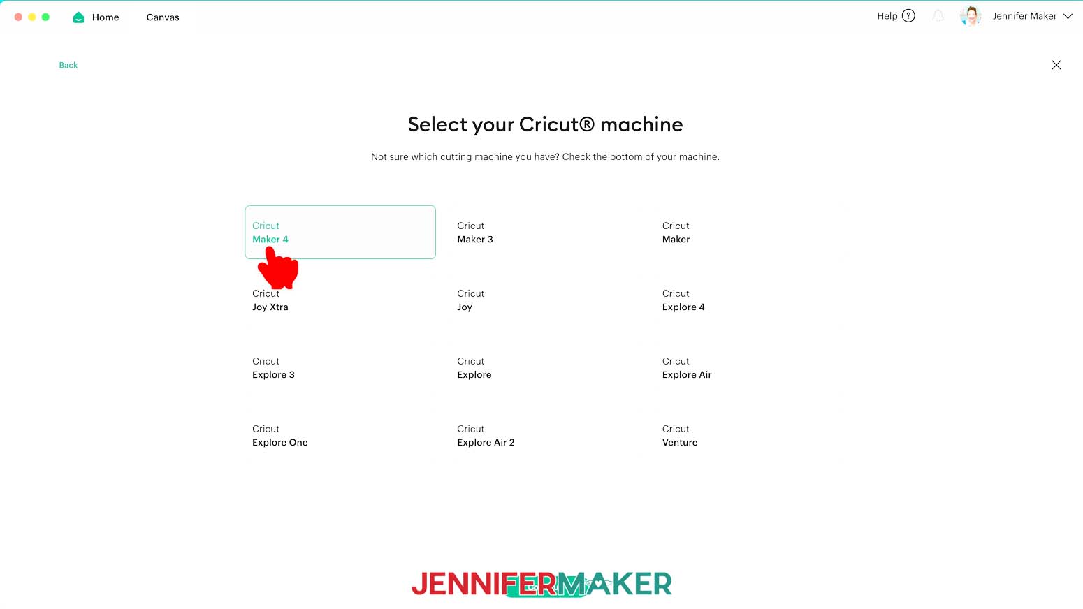 Selecting the Cricut Maker 4 option on the "Select your Cricut machine" screen during setup.