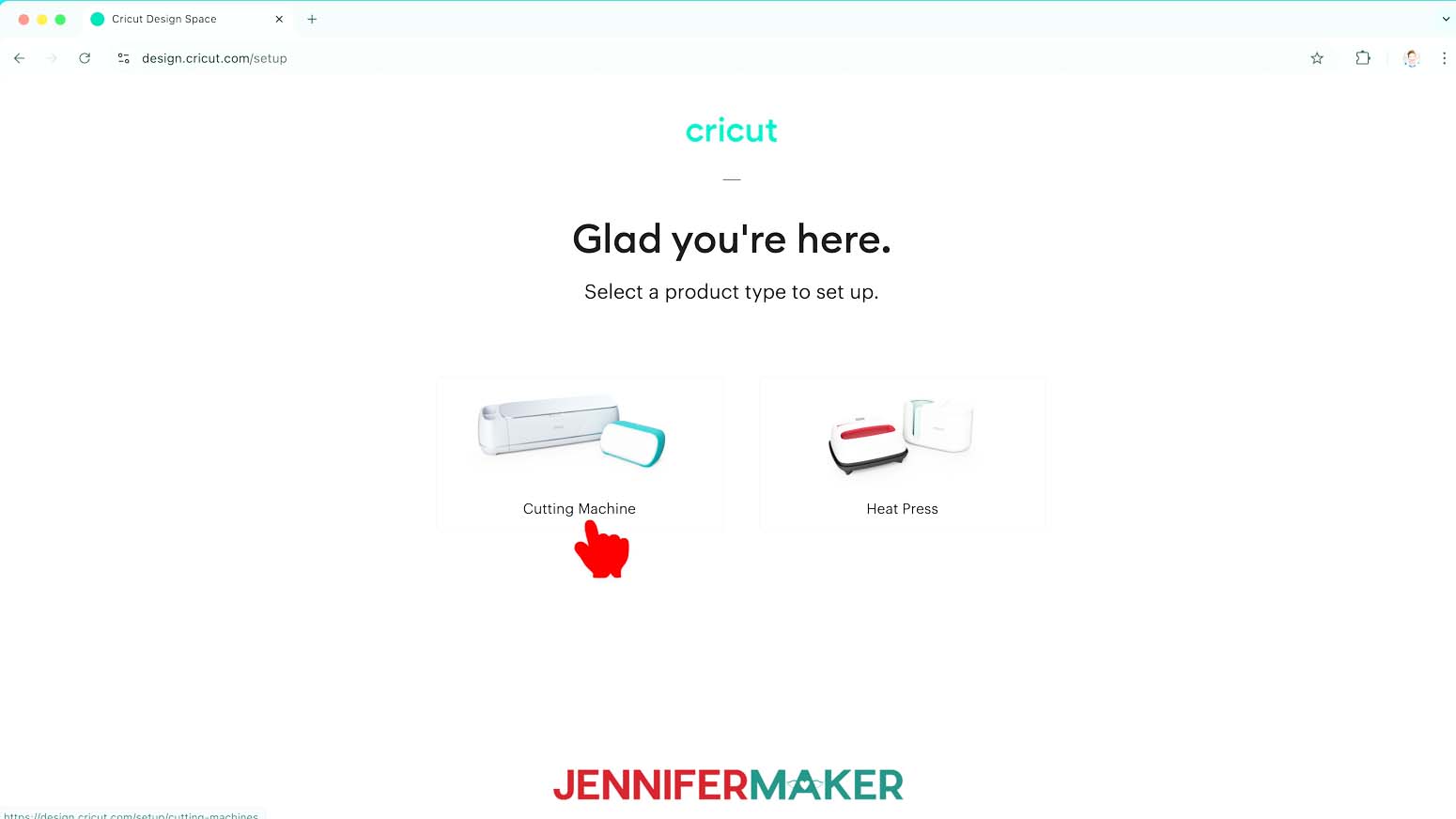 The Cricut Design Space new machine setup screen.