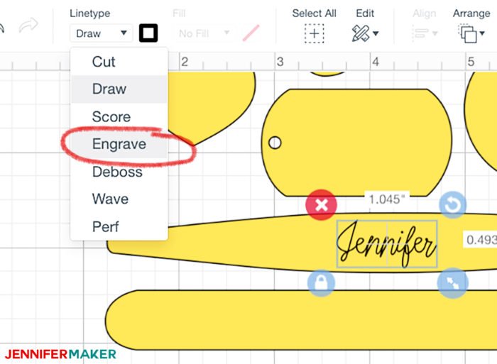 Changing the Linetype menu to Engrave in Cricut Design Space to use the Cricut Maker engrave tool on metal