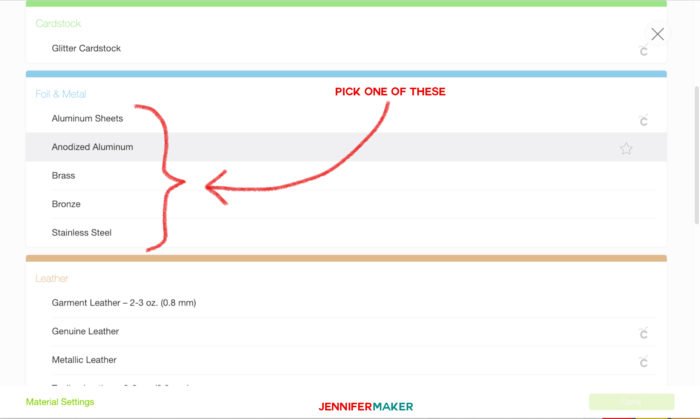 Choose your metal in the materials list in Cricut Design Space