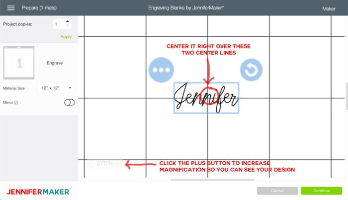 Move the design to the center of the mat preview to use the Cricut Maker engraving tool