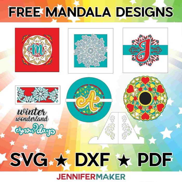 SVG cut files for six different layered mandala designs, all free