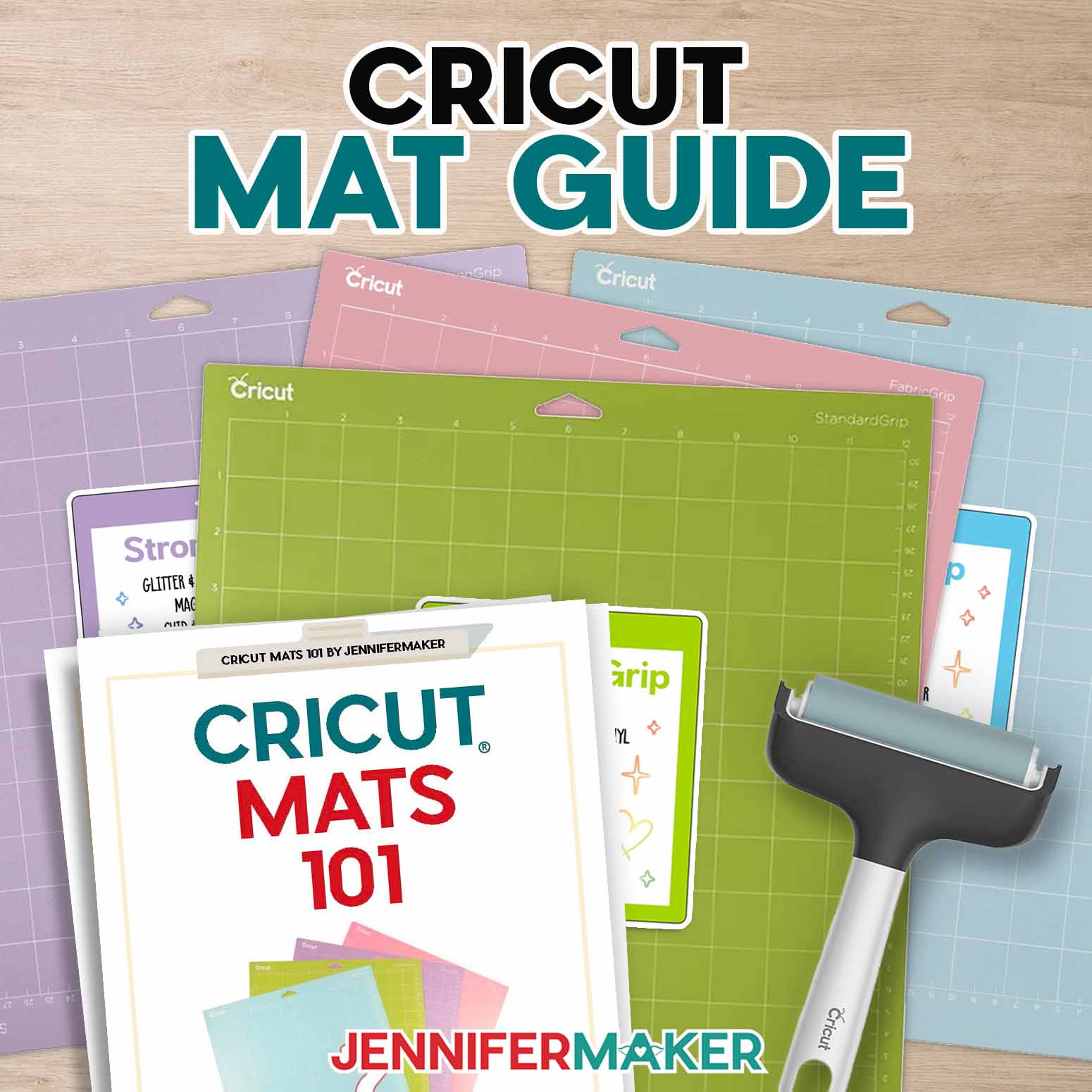 Cricut mats with a brayer and printed Cricut Mat Guide by JenniferMaker.