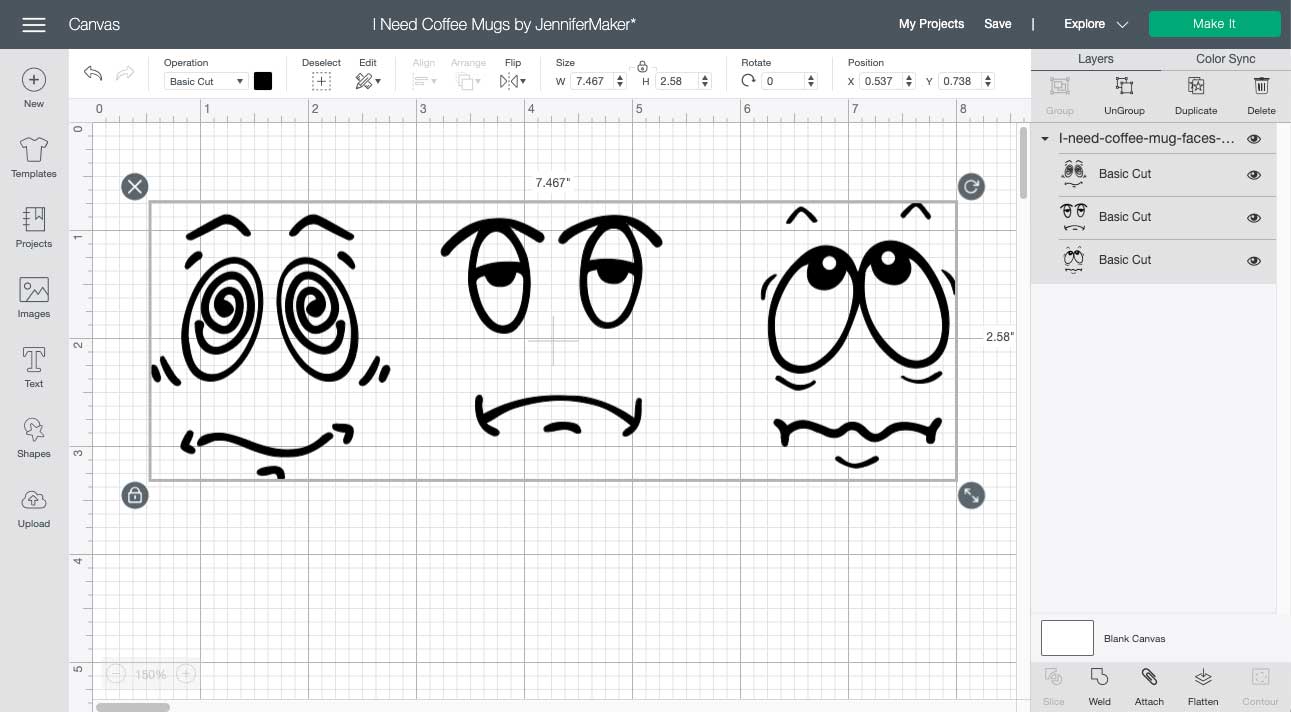 I Need Coffee Mug Faces SVG cut file uploaded to Cricut Design Space