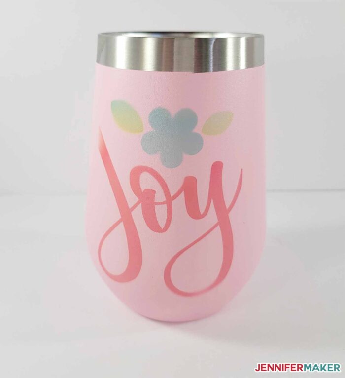 Walmart wine tumbler with pink powder coating and Infusible INk