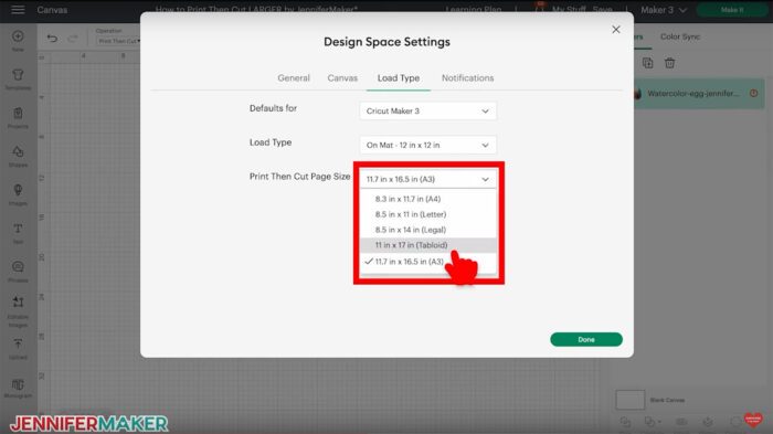 Print and Cut paper settings in Cricut.