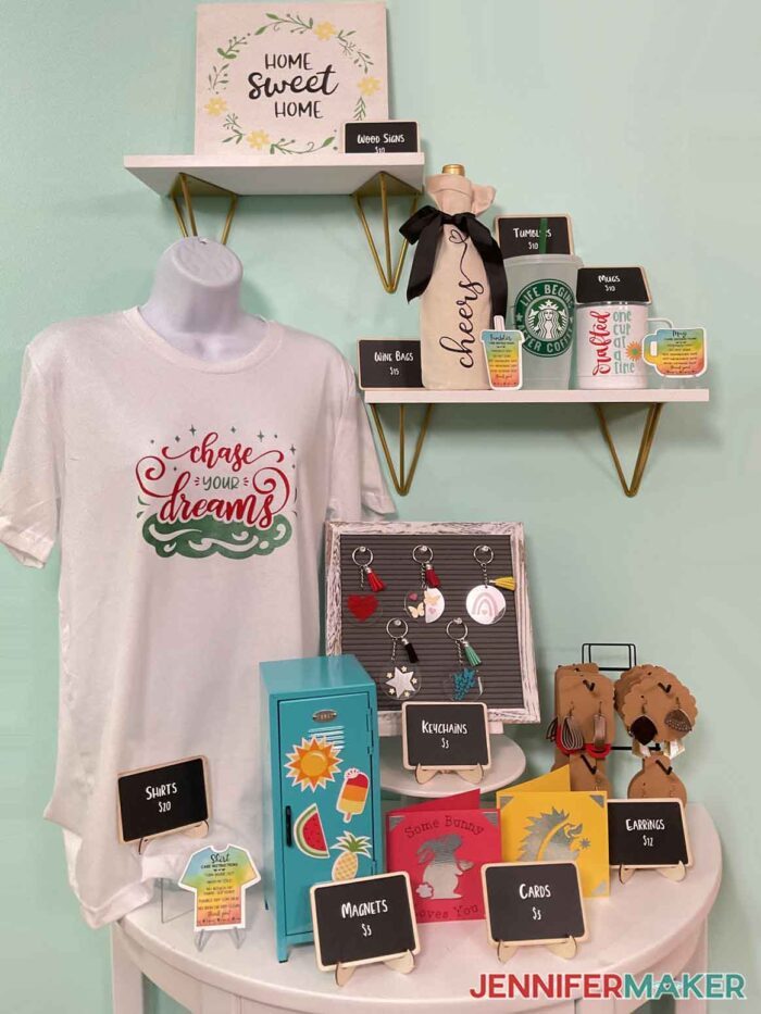 Variety of Cricut projects to sell, including T-shirts, magnets, keychains, earrings, cards, wine bags, tumblers, and mugs