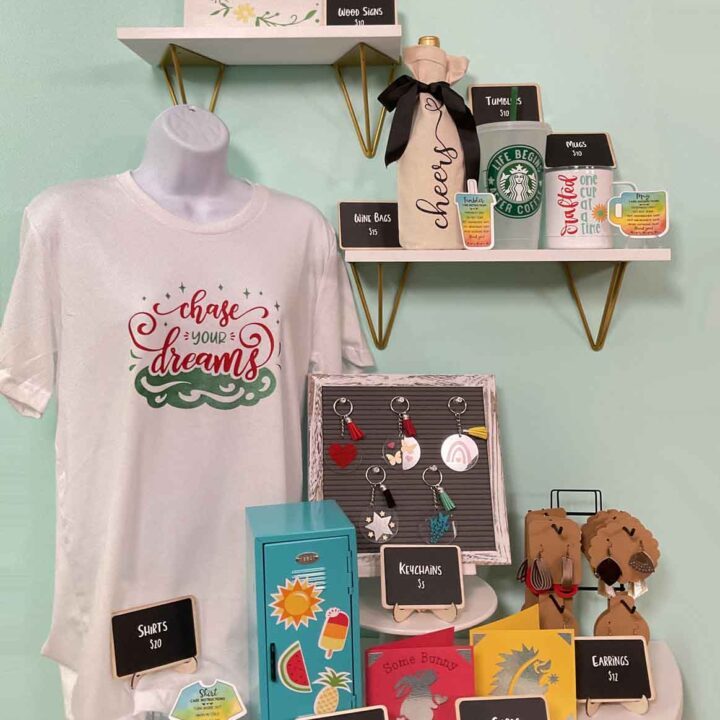Variety of Cricut projects to sell, including T-shirts, magnets, keychains, earrings, cards, wine bags, tumblers, and mugs