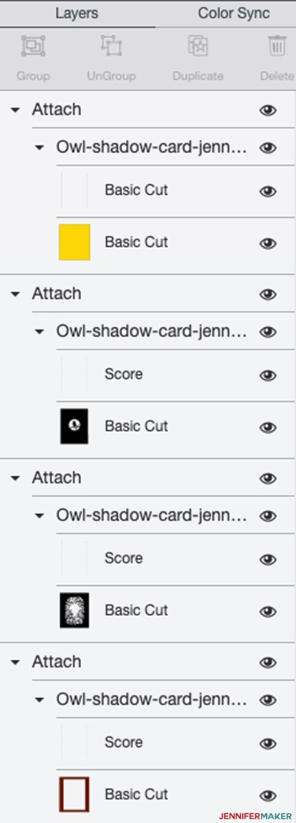 All layers with cut and score lines attached together in Cricut Design Space for proper Cricut scoring