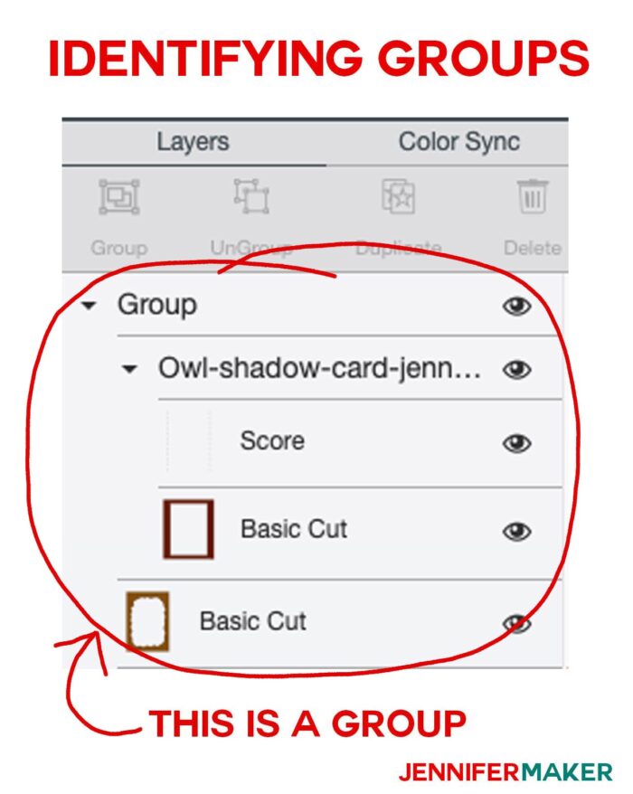 How to identify groups in the layers panel for Cricut Scoring