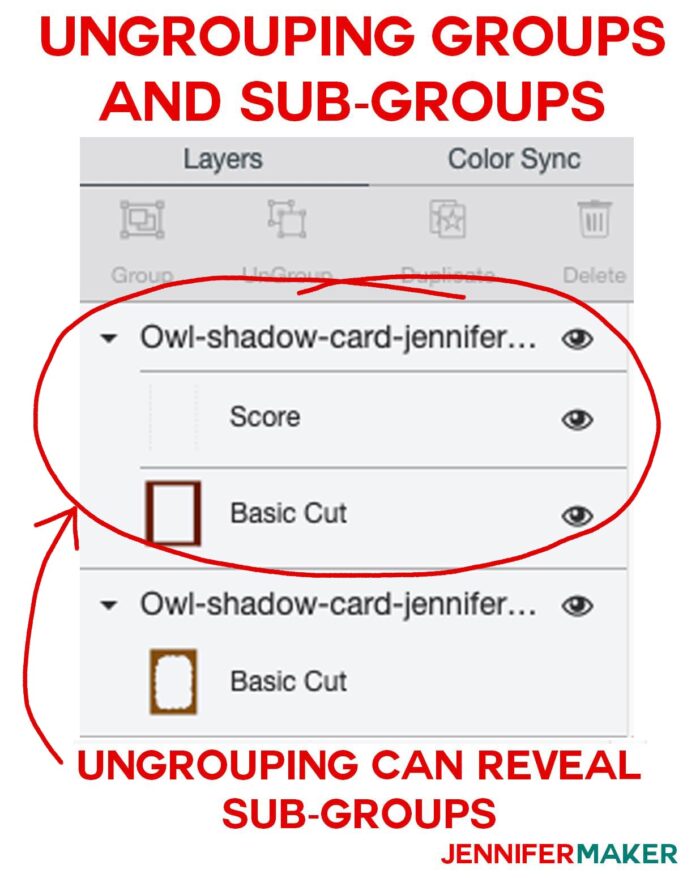 How to ungroup groups in the layers panel for Cricut Scoring