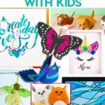 Collection of Cricut summer crafts for kids by JenniferMaker including a large paper butterfly and bird, sewn plush animals, a paper unicorn shadow box, and faux stained glass.