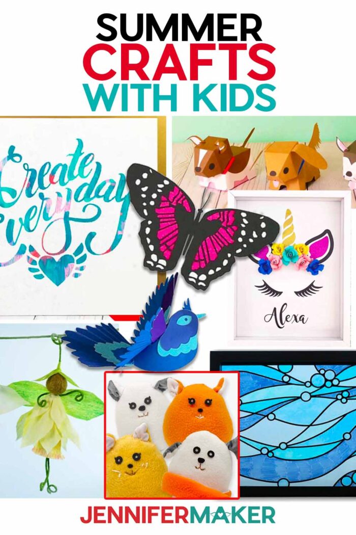 Collection of Cricut summer crafts for kids by JenniferMaker including a large paper butterfly and bird, sewn plush animals, a paper unicorn shadow box, and faux stained glass.