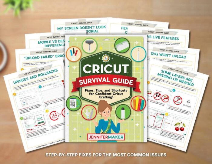 Pages from Jennifer Maker's Cricut Survival Guide laid out showing tips on using Cricut Design Space.