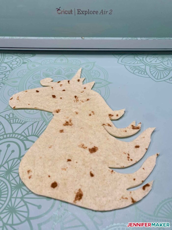 Unicorn tortilla cut with a stencil made on the Cricut Explore cutting machine!