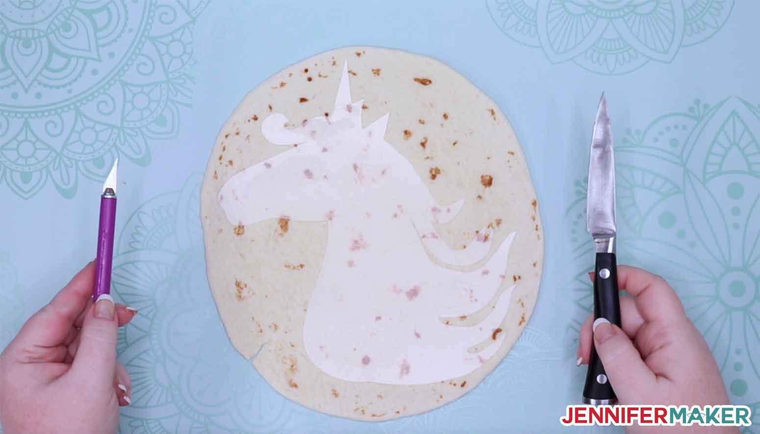 You can use either a clean craft knife or a paring knife to make your Cricut tortilla -- do NOT actually cut it with a Cricut cutting machine!