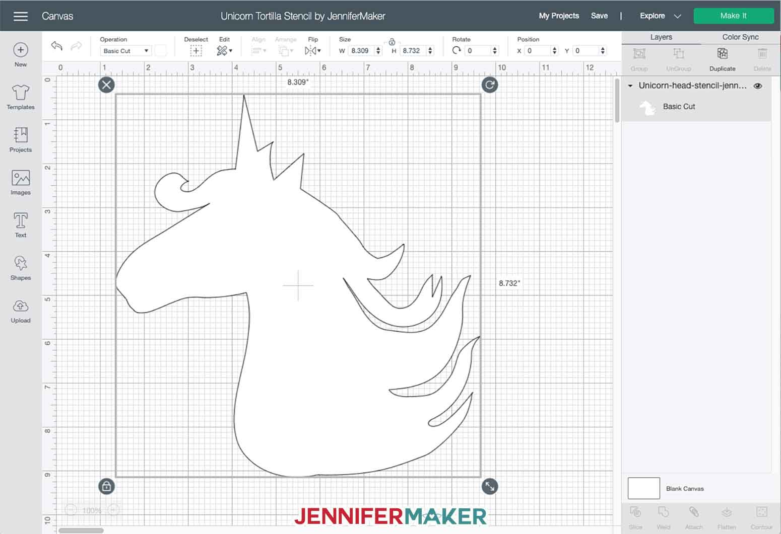 Unicorn stencil svg cut file uploaded to Cricut Design Space, already sized for a 10" tortilla