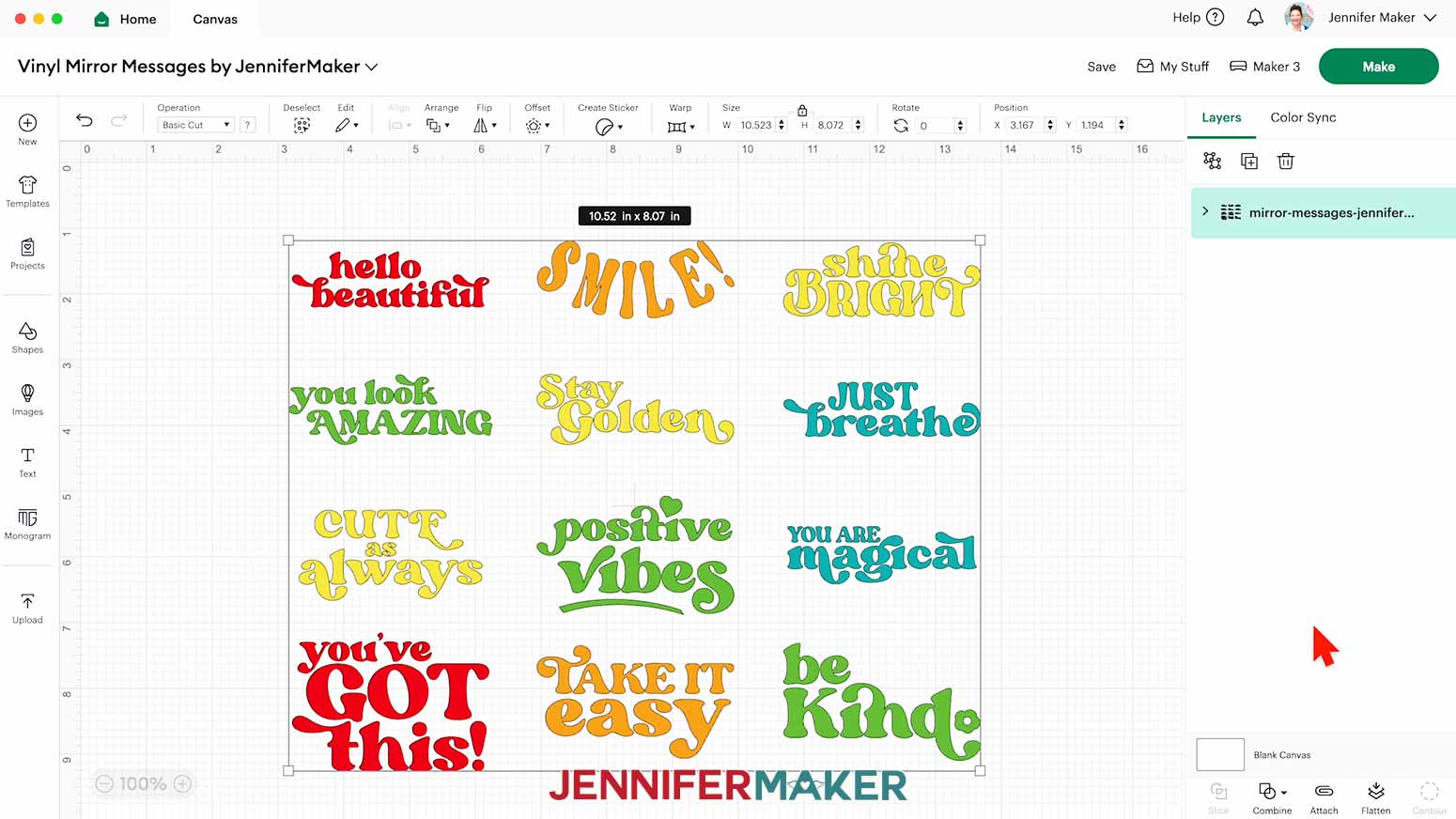Cricut Value Vinyl design phrases on Design Space canvas.