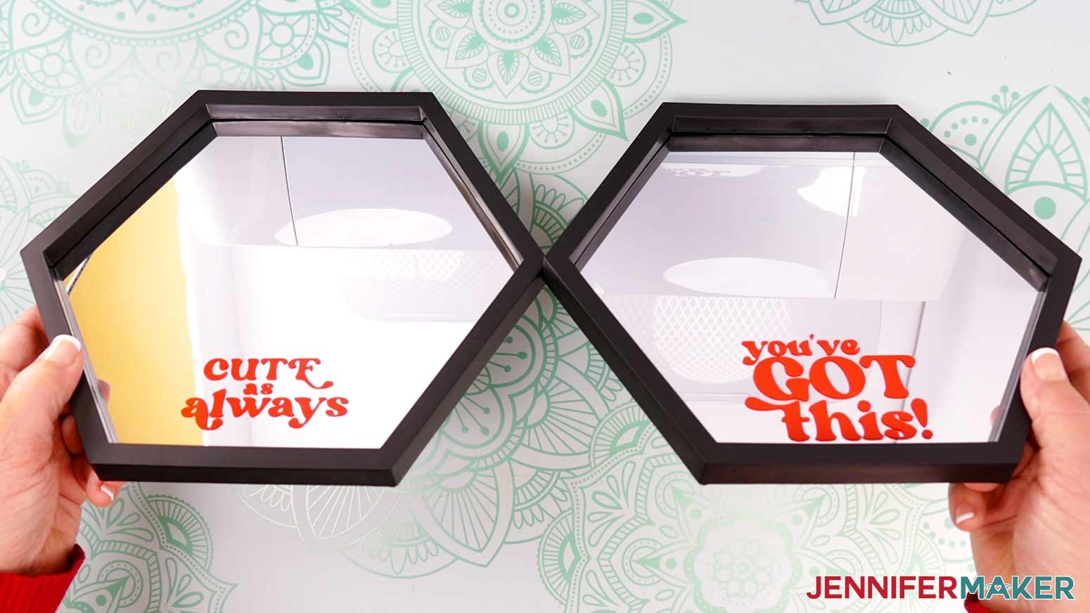 Cricut permanent vinyl and value vinyl decals applied to hexagon mirrors.