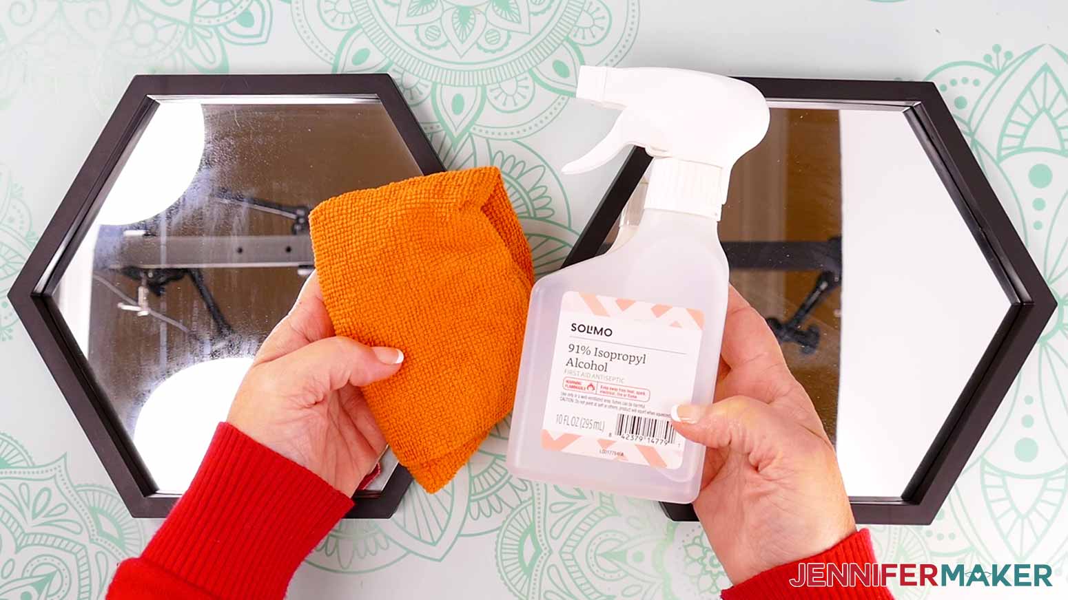 Use a microfiber town and isopropyl alcohol to clean the mirrors before applying the vinyl decals.