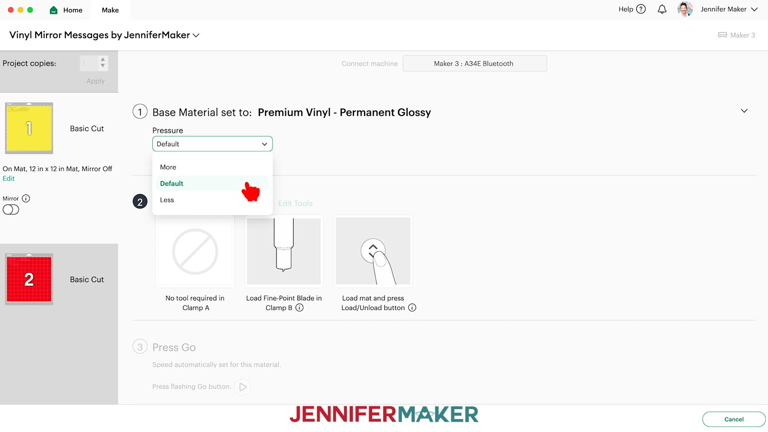 Design Space material settings set to Premium Vinyl Permament Glossy with default pressure.