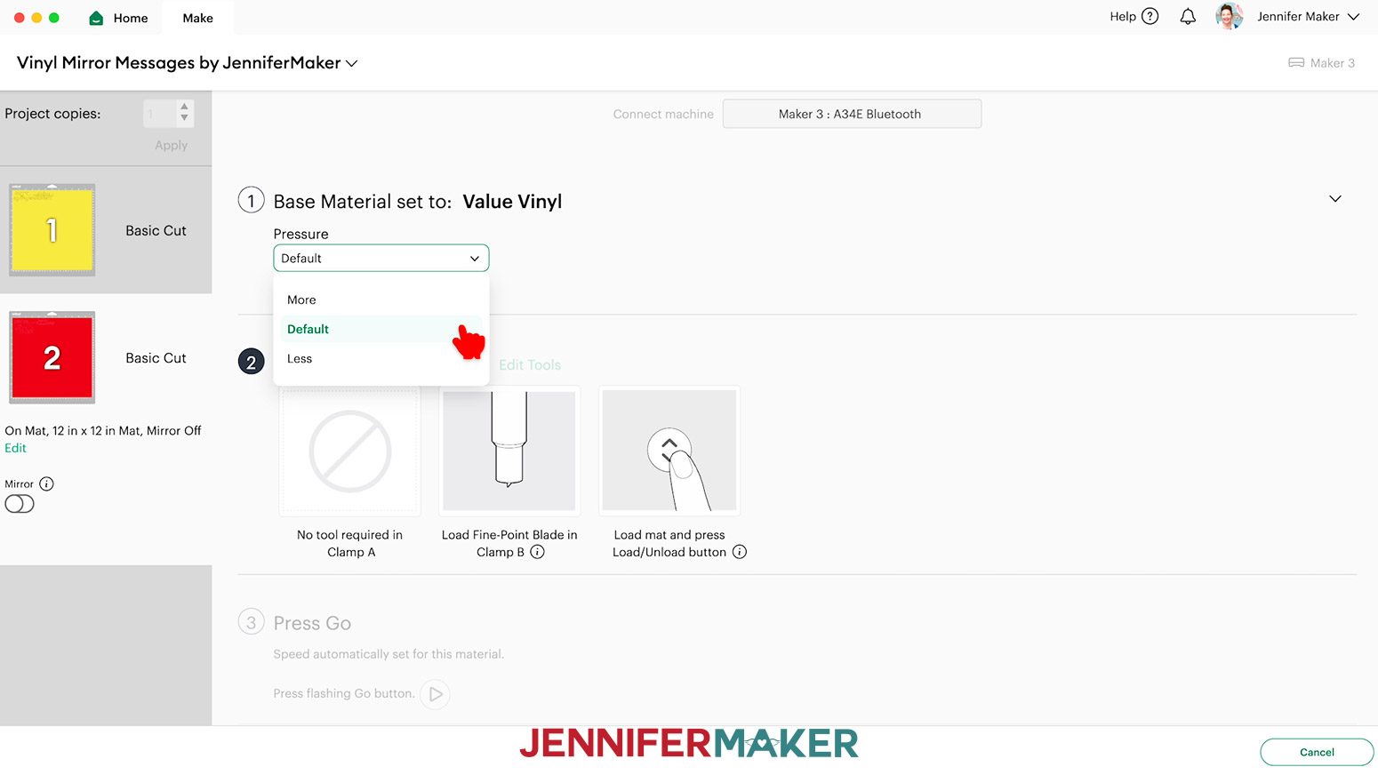 &ldquo;Premium Vinyl - Permanent Glossy&rdquo; setting with &ldquo;Default&rdquo; pressure.