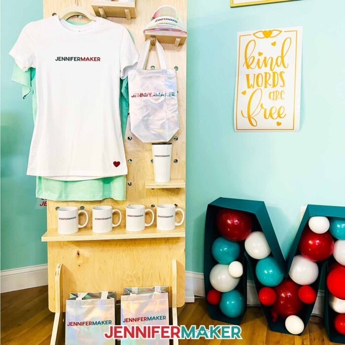 Batched JenniferMaker tumblers, shirts, and visors made with the Cricut Venture large format cutting machine.