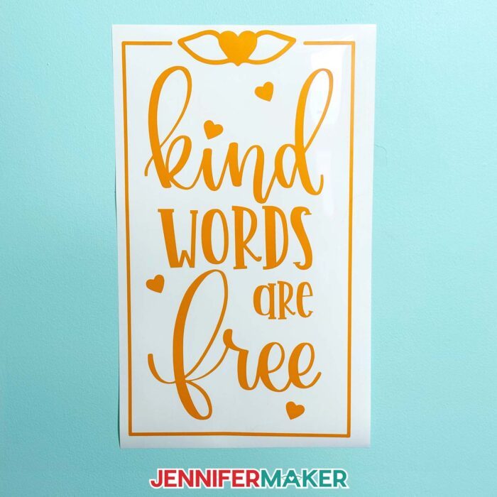 Kind Words are Free yellow wall decal made with the Cricut Venture large format cutting machine.