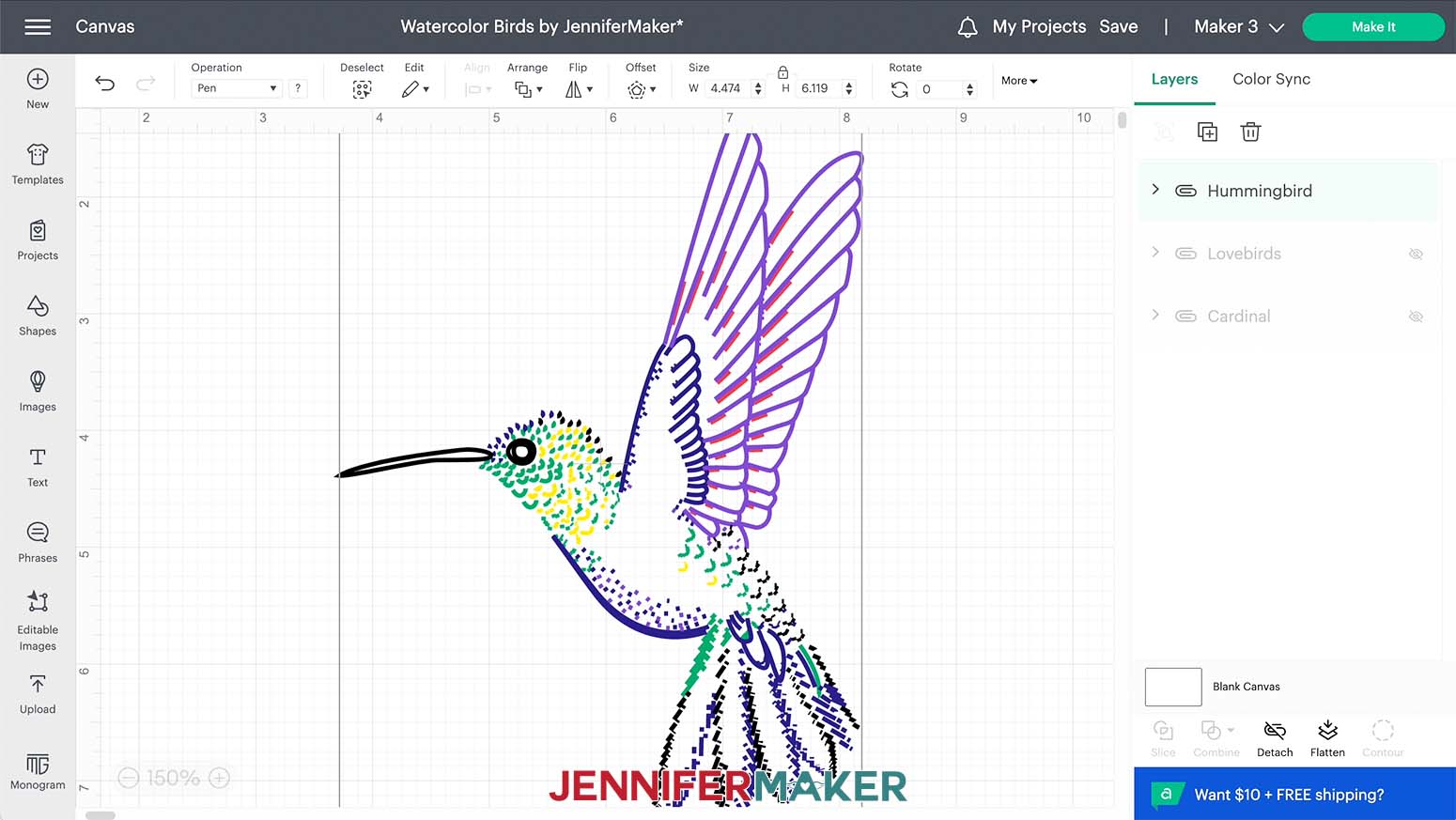 hummingbird svg on design space canvas with completed colors