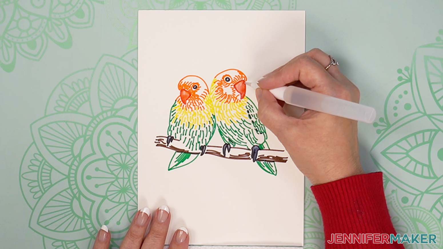 Lovebirds painting beaks