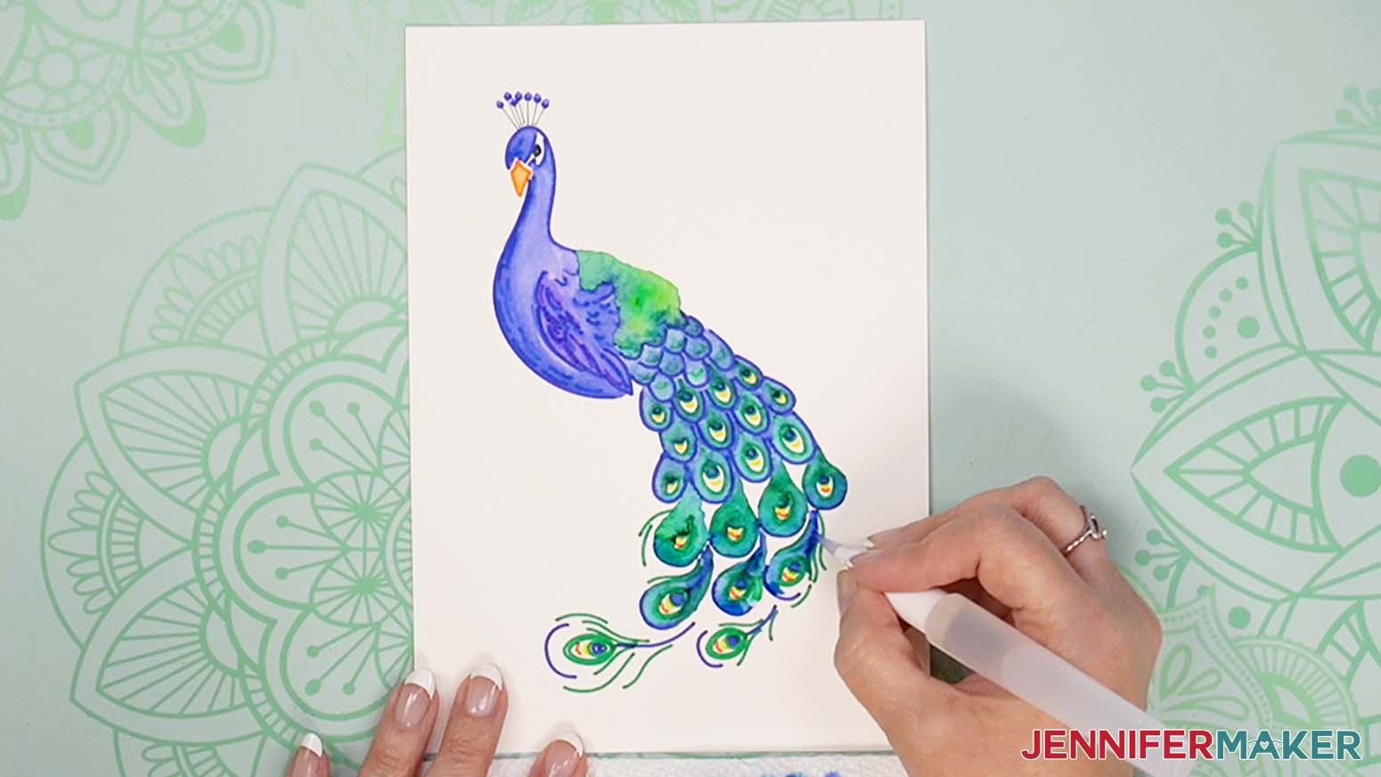 Peacock painting large tail feathers