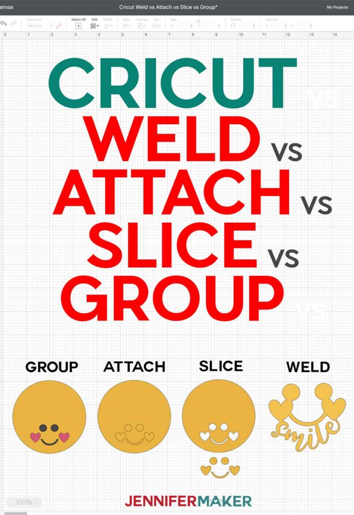 Cricut Weld vs Attach vs Slice vs Group Cheat Sheet by JenniferMaker