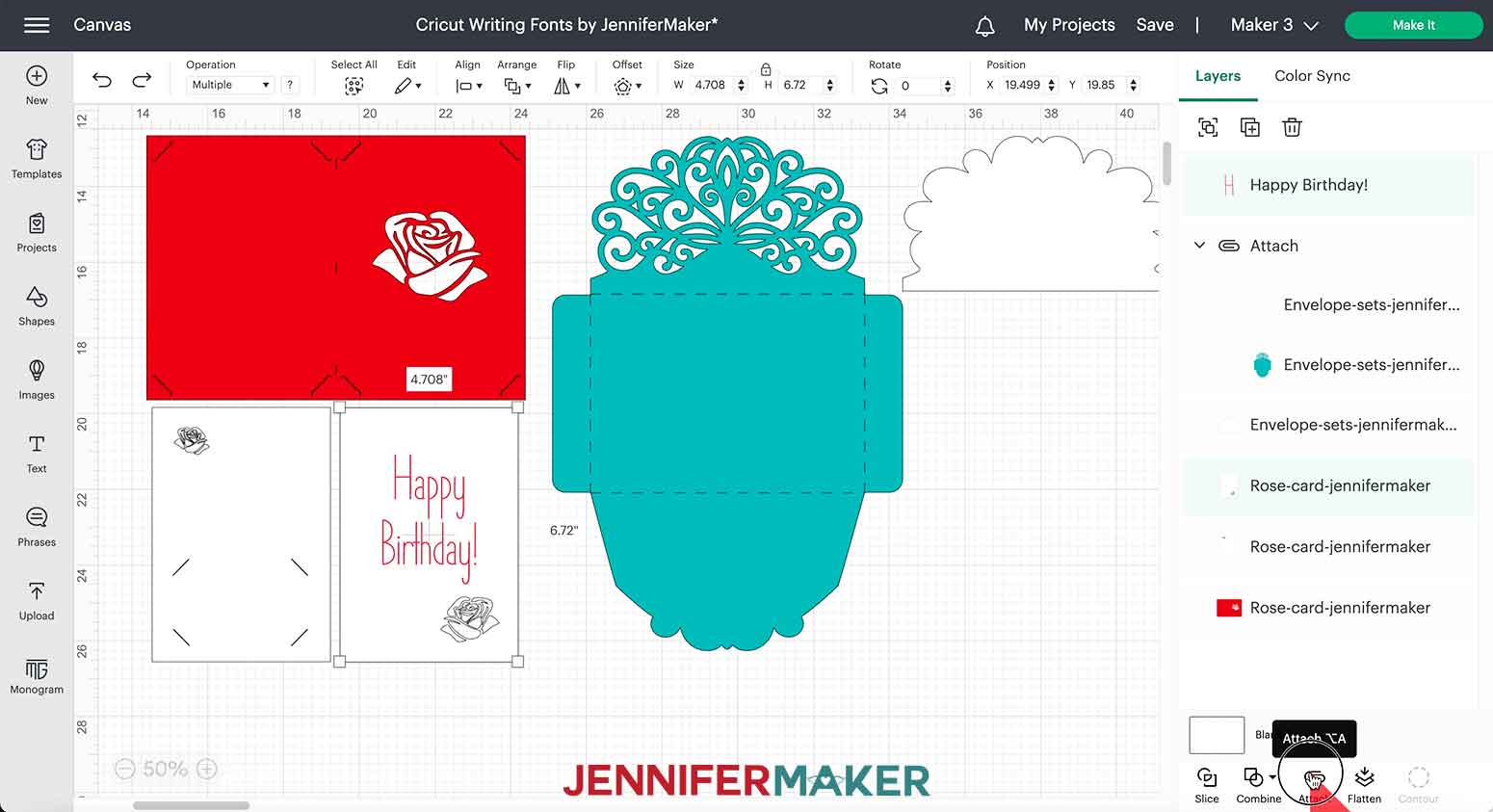 Click Attach at the bottom of Layers panel to attach the text layer to the card insert.